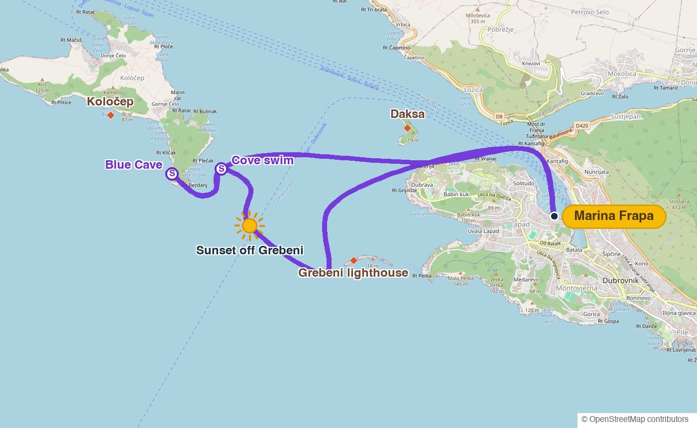 Route map of Blue Cave & Sunset: Marina Frapa past Daksa to Koločep, a swim at the Blue Cave by Rt Bezdanj and in a cove on the island’s east side, sunset off Grebeni and back