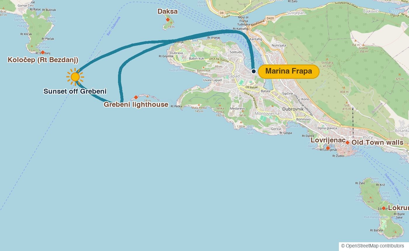 Route map of the Golden Hour Express: Marina Frapa out of Gruž past Daksa, around Babin Kuk to the Grebeni lighthouse, sunset off Grebeni and back
