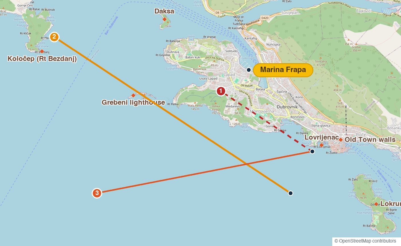 Map of Dubrovnik from Daksa to Lokrum with three sunset lines: in June from under the city walls the line runs into Lapad; in June from 1.5 km south-west of Fort Lovrijenac it passes Grebeni and ends on Koločep; in October from under the walls it runs to open sea