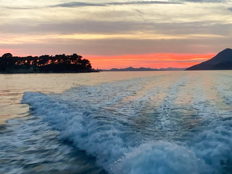 The white wake behind a boat at dusk, with a pine-covered island and a red sky behind