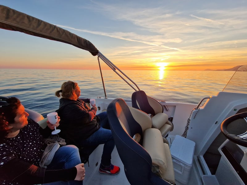 Guests holding drinks and watching the sunset from a boat with a canopy